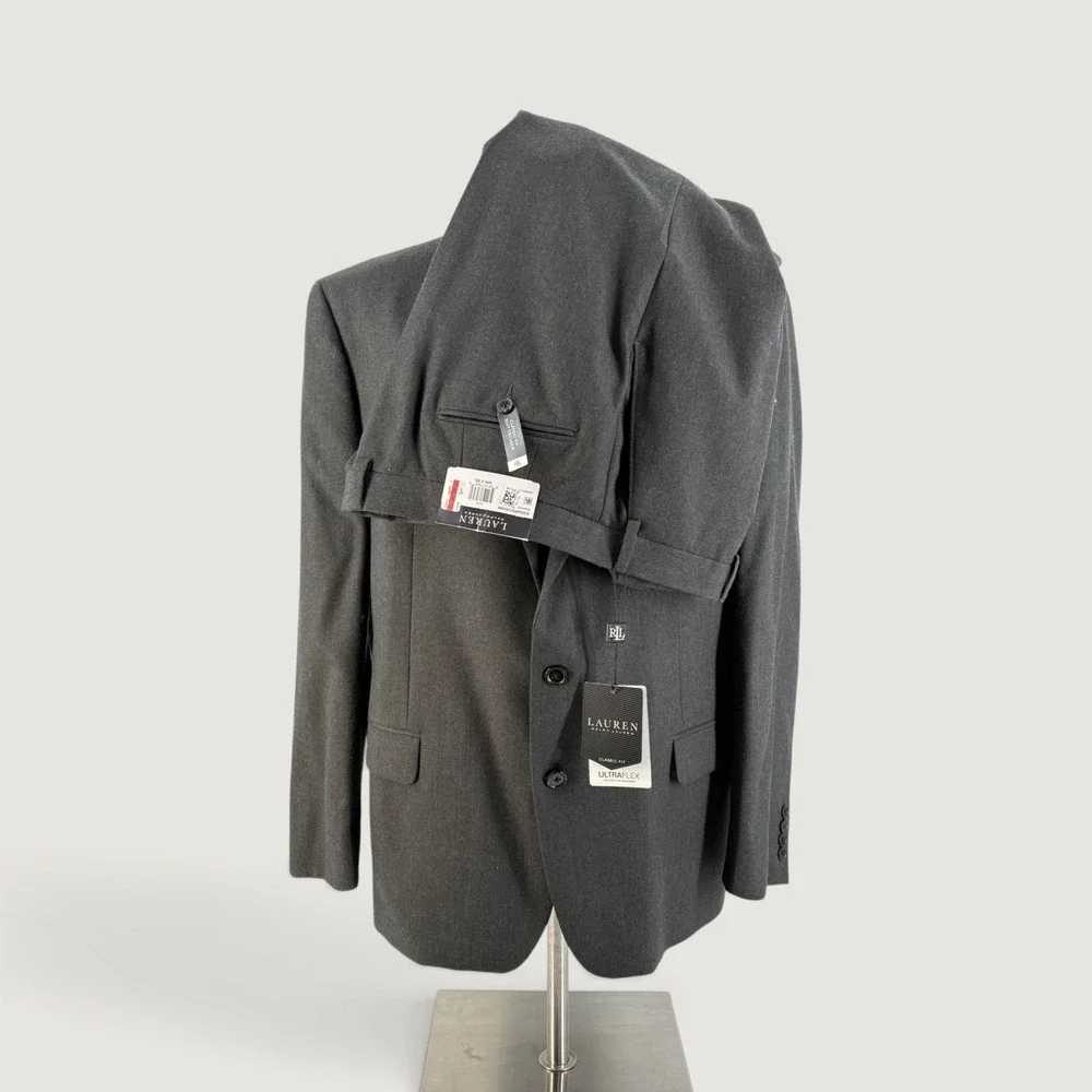 Lauren Ralph Lauren Suit Mens 46R Charcoal Gray 100% Wool Ultraflex Classic Fit